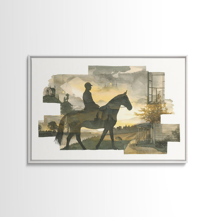 Horse and Rider Silhouette at Dusk Framed Canvas Print, Country Art, Landscape Painting, Farmhouse Decor, Fine Art, Country, COU-3x2-45