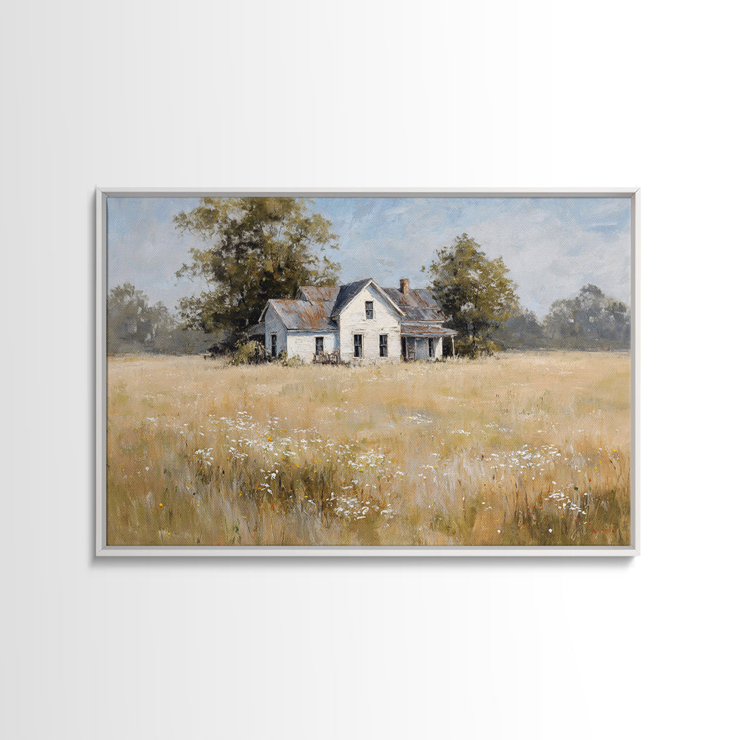 White Farmhouse Surrounded by Tall Grass Canvas Print, Country Art, Digital Print, Farmhouse Decor, Fine Art, Country, COU-3x2-62