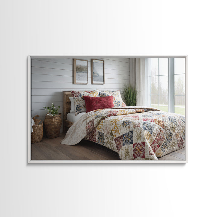 Quilt Geometric Folk Pattern Framed Canvas Print, Country Art, Gallery Decor, Farmhouse Decor, Fine Art, Country, COU-3x2-64