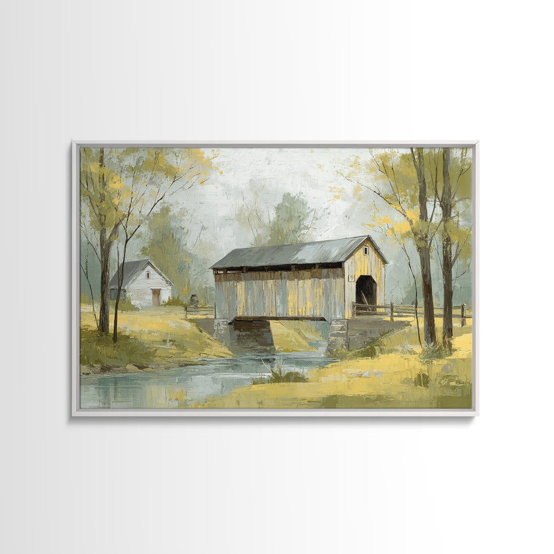Covered Bridge over a Quiet Creek Canvas Print, Country Art, Textured Painting, Farmhouse Decor, Watercolor Art, Country, COU-3x2-67