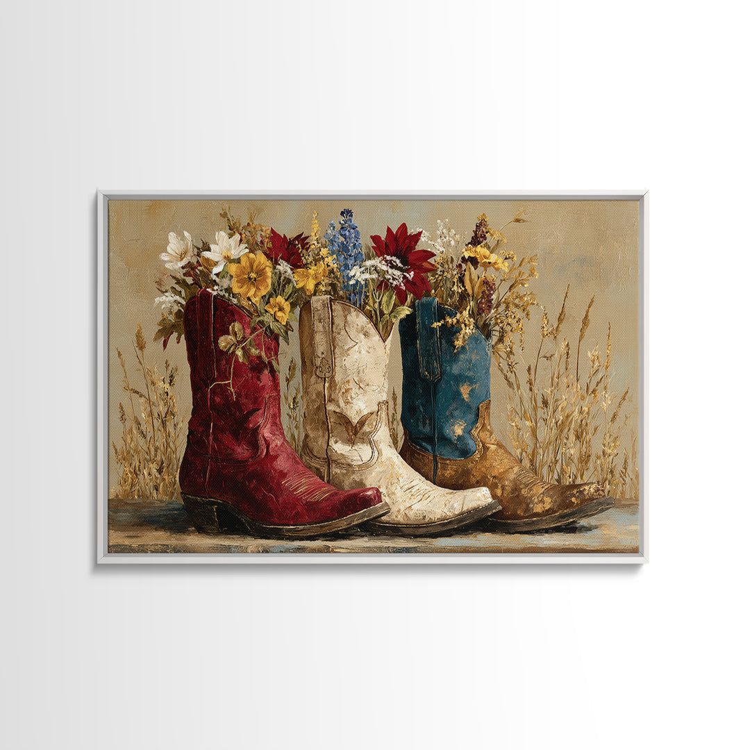 Weathered Boots with Wildflowers Tucked Inside Canvas Print, Country Art, Wall Decor, Farmhouse Decor, Oil Painting, Country, COU-3x2-68