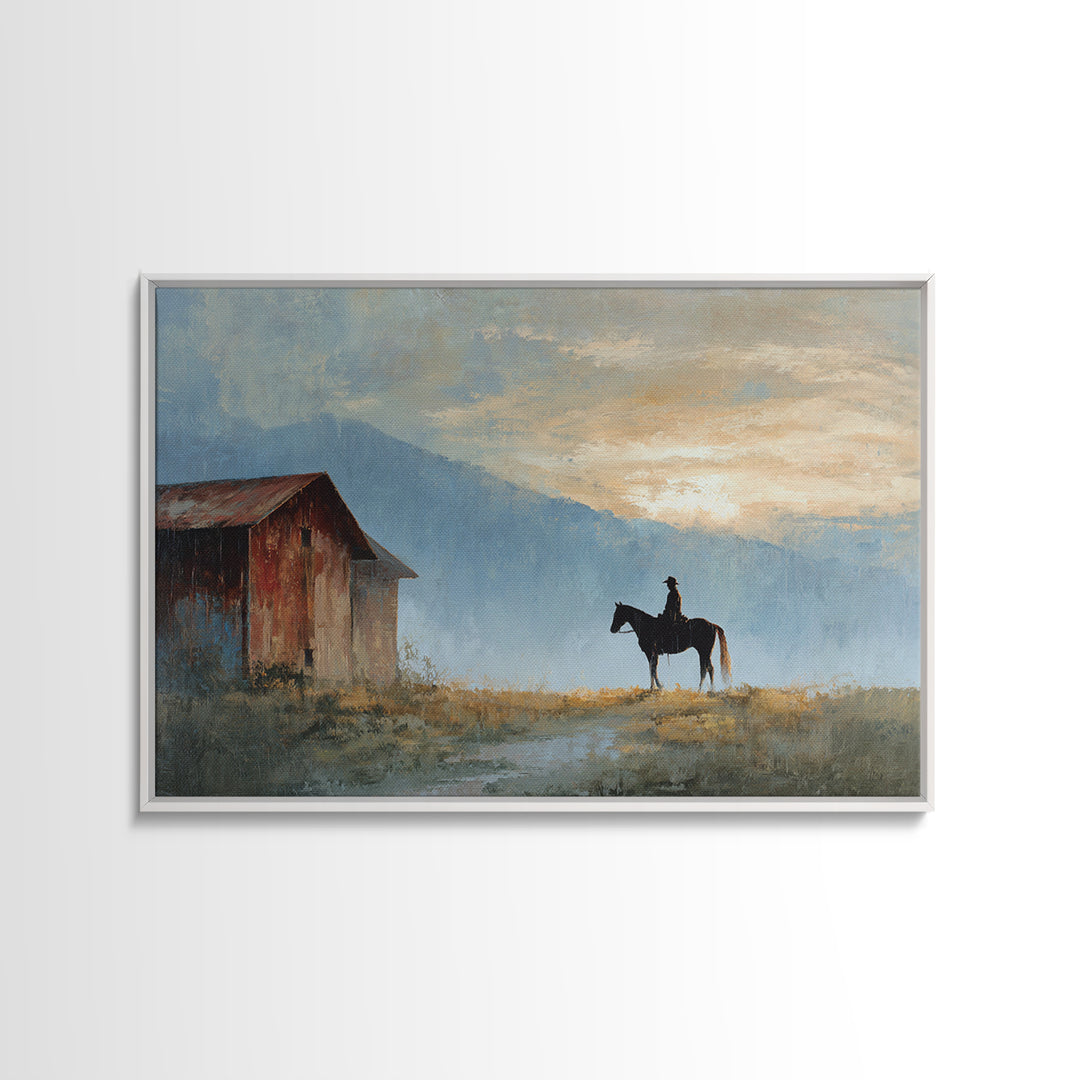 Horse and Rider Silhouette at Dusk Framed Canvas Print, Country Art, Landscape Painting, Farmhouse Decor, Fine Art, Country, COU-3x2-69