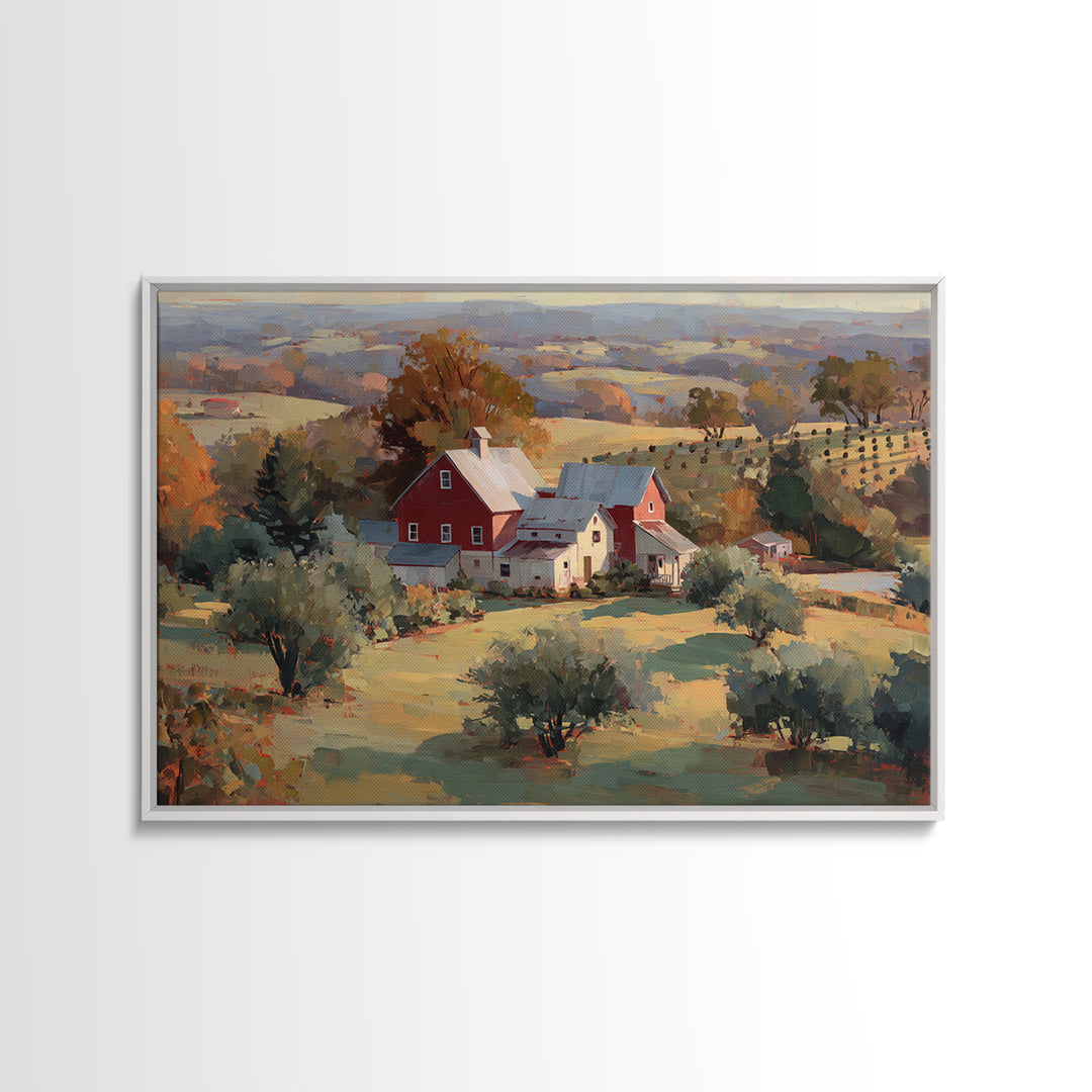 Apple Orchard with Warm Autumn Light Framed Canvas Print, Country Art, Landscape Painting, Farmhouse Decor, Oil Painting, COU-3x2-82