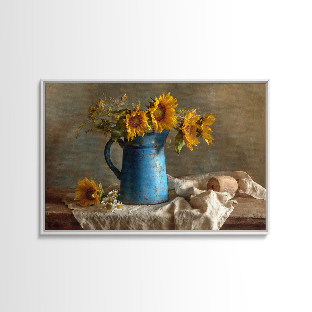 Sunflowers in a Blue Enamel Pitcher Canvas Print, Country Art, Statement Artwork, Farmhouse Decor, Fine Art, Country, COU-3x2-84