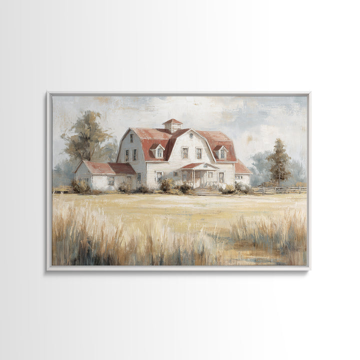 White Farmhouse Surrounded by Tall Grass Framed Canvas Print, Country Art, Watercolor Painting, Farmhouse Decor, Country, COU-3x2-86