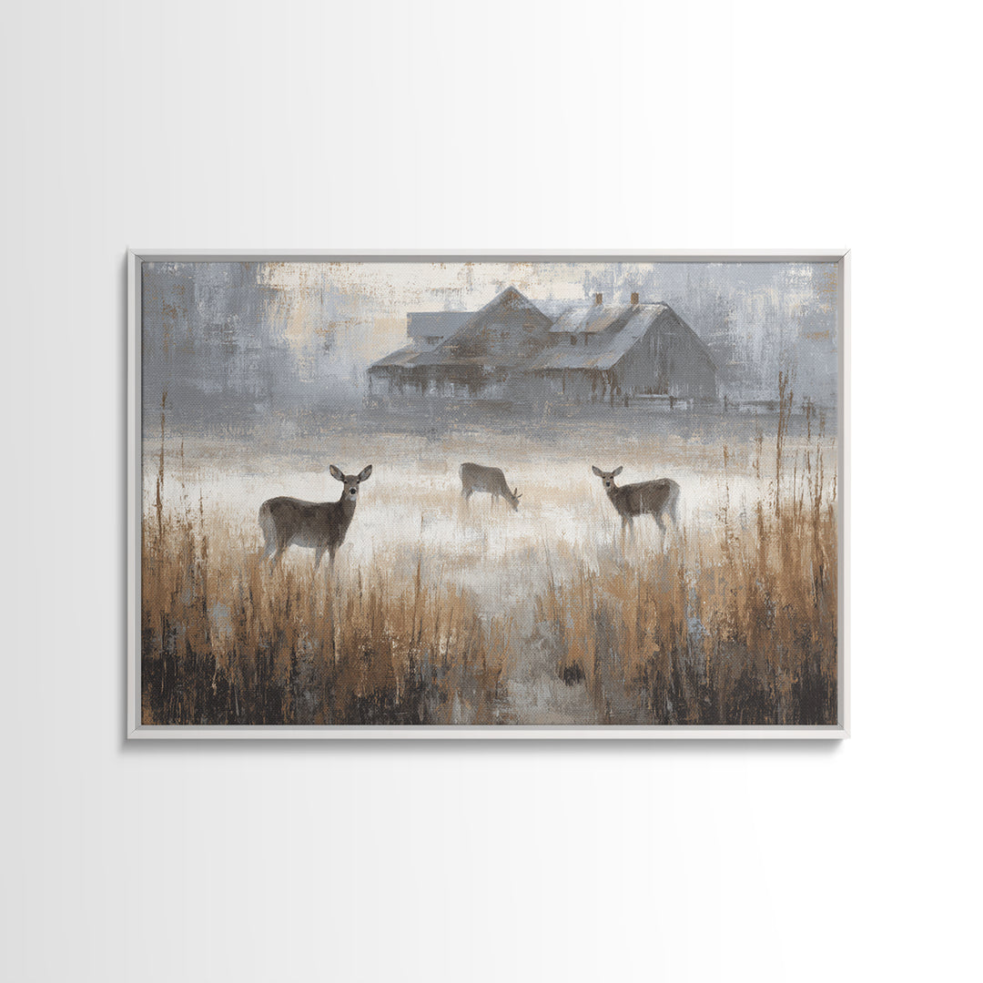 Deer Crossing a Misty Morning Field Framed Canvas Print, Country Art, Modern Decor, Farmhouse Decor, Fine Art, Country, COU-3x2-87