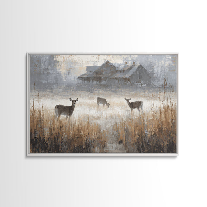 Deer Crossing a Misty Morning Field Framed Canvas Print, Country Art, Modern Decor, Farmhouse Decor, Fine Art, Country, COU-3x2-87