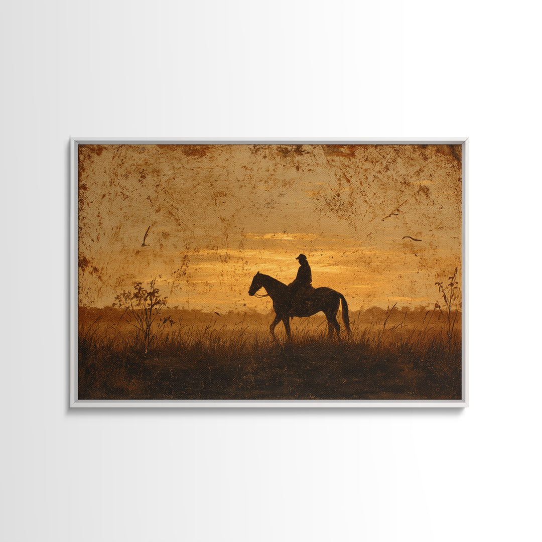 Horse and Rider Silhouette at Dusk Canvas Print, Country Art, Landscape Wall Art, Farmhouse Decor, Fine Art, Country, COU-3x2-93