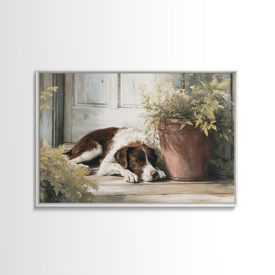 Dog Resting Beside a Porch Flower Pot Canvas Print, Country Art, Digital Art Prints, Farmhouse Decor, Oil Painting, Country, COU-3x2-98