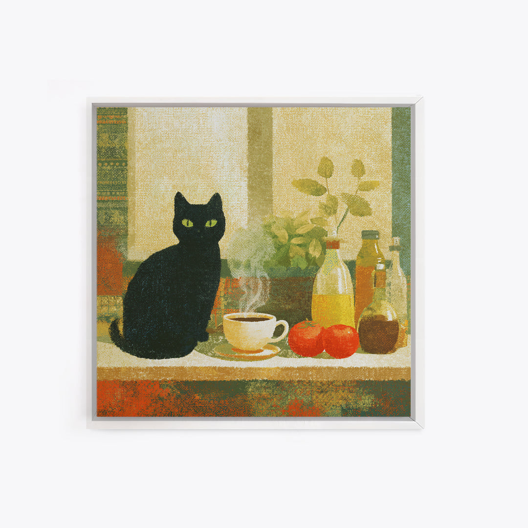 Black Cat Beside a Steaming Cup Canvas Print, Coffee Shop Art, Moody Wall Art, Cafe Decor, Fine Art, Cafe, Luxury Decor, CSA-1x1-14