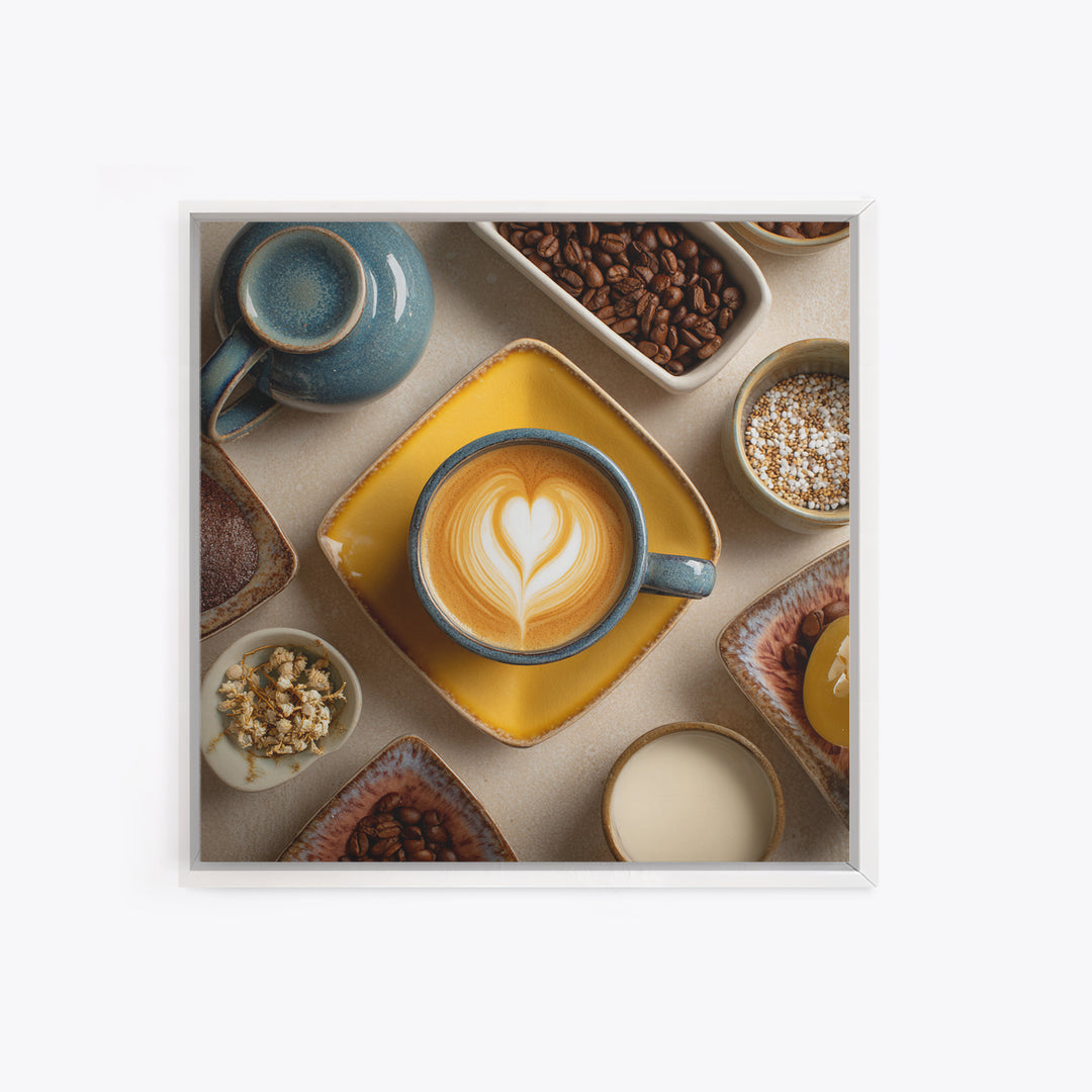 Latte Art Heart Seen from Above Framed Canvas Print, Coffee Shop Art, Digital Wall Art, Cafe Decor, Oil Painting, Cafe, CSA-1x1-28