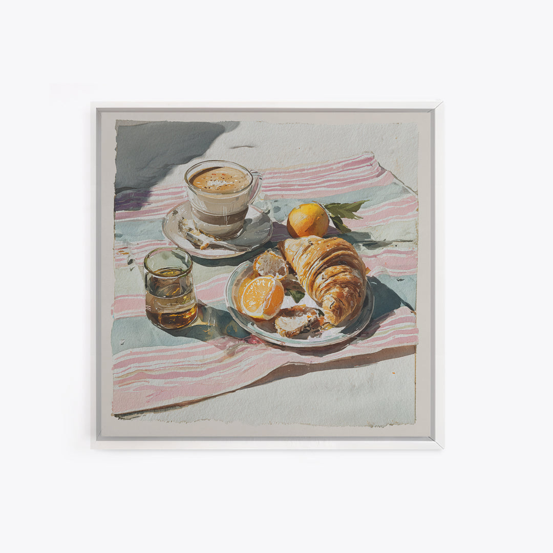 Croissant and Cappuccino on Striped Cloth Framed Canvas Print, Coffee Shop Art, Textured Painting, Cafe Decor, Fine Art, Cafe, CSA-1x1-29