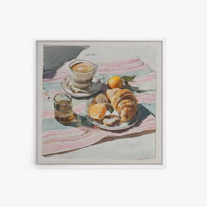 Croissant and Cappuccino on Striped Cloth Framed Canvas Print, Coffee Shop Art, Textured Painting, Cafe Decor, Fine Art, Cafe, CSA-1x1-29