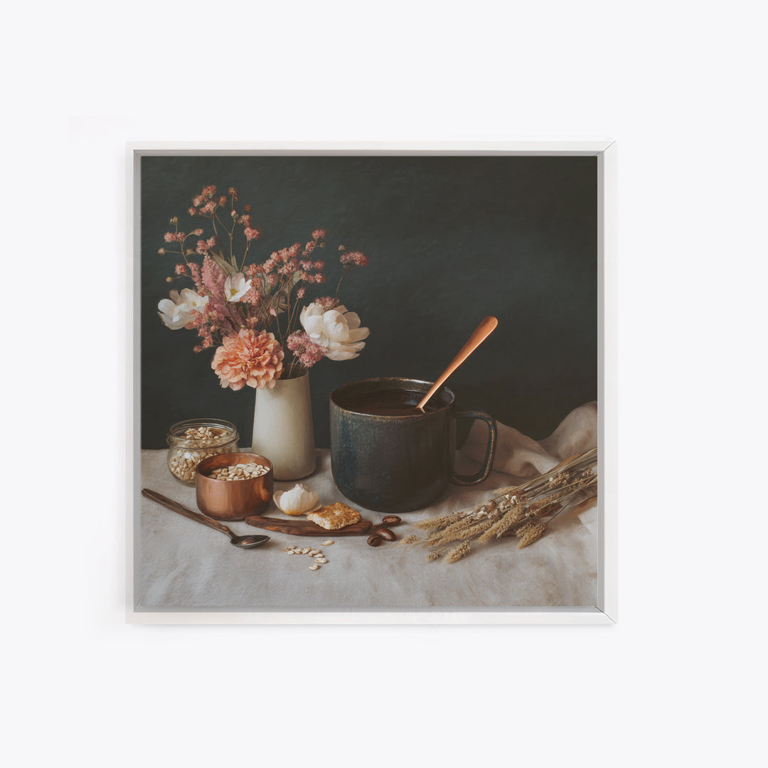 Moody Dark Roast Still Life Framed Canvas Print, Coffee Shop Art, Gallery Decor, Cafe Decor, Fine Art, Cafe, Wall Art, CSA-1x1-32