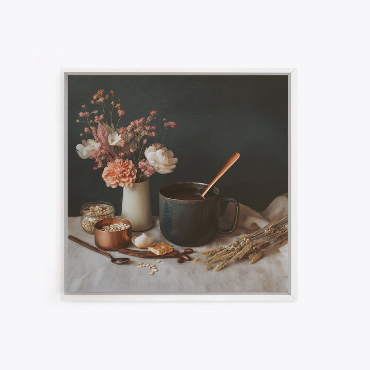 Moody Dark Roast Still Life Framed Canvas Print, Coffee Shop Art, Gallery Decor, Cafe Decor, Fine Art, Cafe, Wall Art, CSA-1x1-32