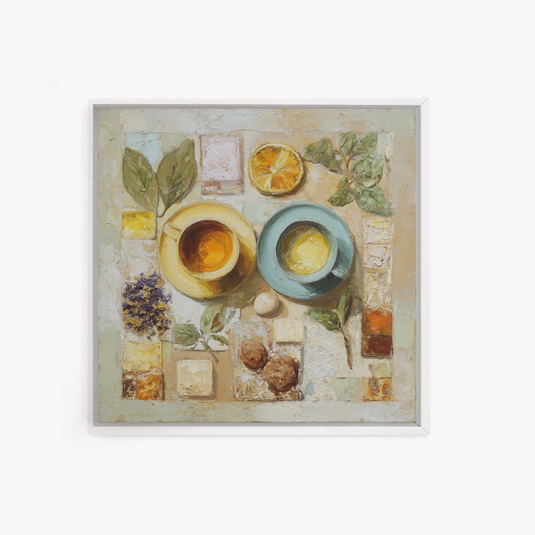 Two Cups Facing Each Other Framed Canvas Print, Coffee Shop Art, Boho Decor, Cafe Decor, Oil Painting, Cafe, Printable, CSA-1x1-37