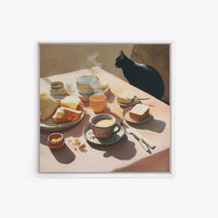 Black Cat Beside a Steaming Cup Framed Canvas Print, Coffee Shop Art, Gallery Decor, Cafe Decor, Fine Art, Cafe, Wall Art, CSA-1x1-38