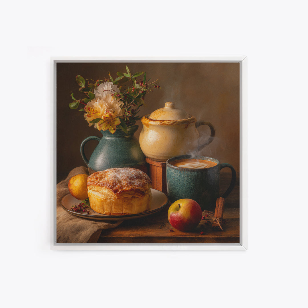 Sunlit Pastry and Coffee Arrangement Framed Canvas Print, Coffee Shop Art, Kitchen Wall Decor, Cafe Decor, Oil Painting, Cafe, CSA-1x1-43