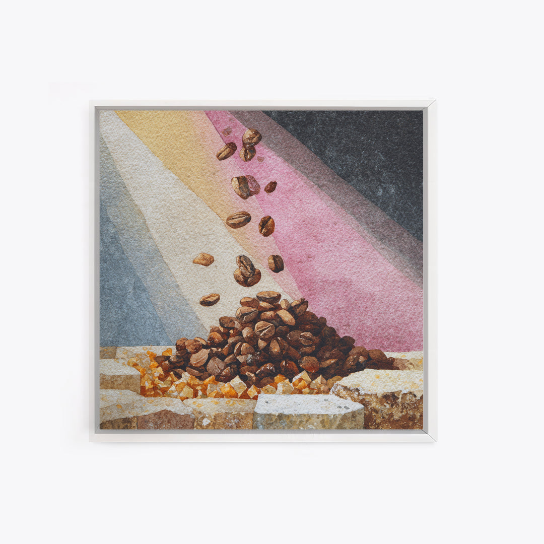 Roasted Beans Falling Through Dark Space Framed Canvas Print, Coffee Shop Art, Kitchen Wall Art, Cafe Decor, Fine Art, Cafe, CSA-1x1-44