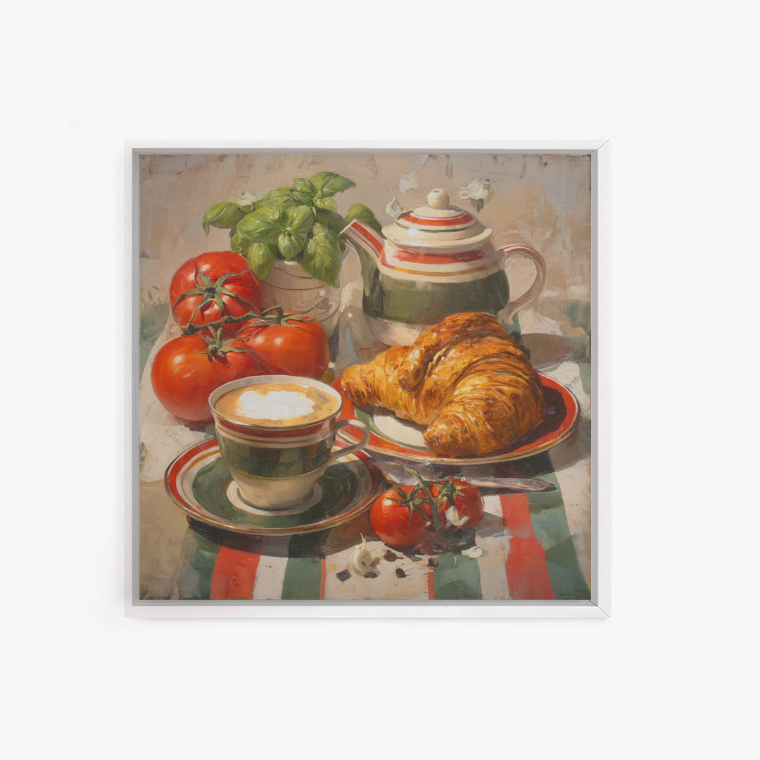 Croissant and Cappuccino on Striped Cloth Canvas Print, Coffee Shop Art, Fine Art Print, Cafe Decor, Fine Art, Cafe, Printable, CSA-1x1-5