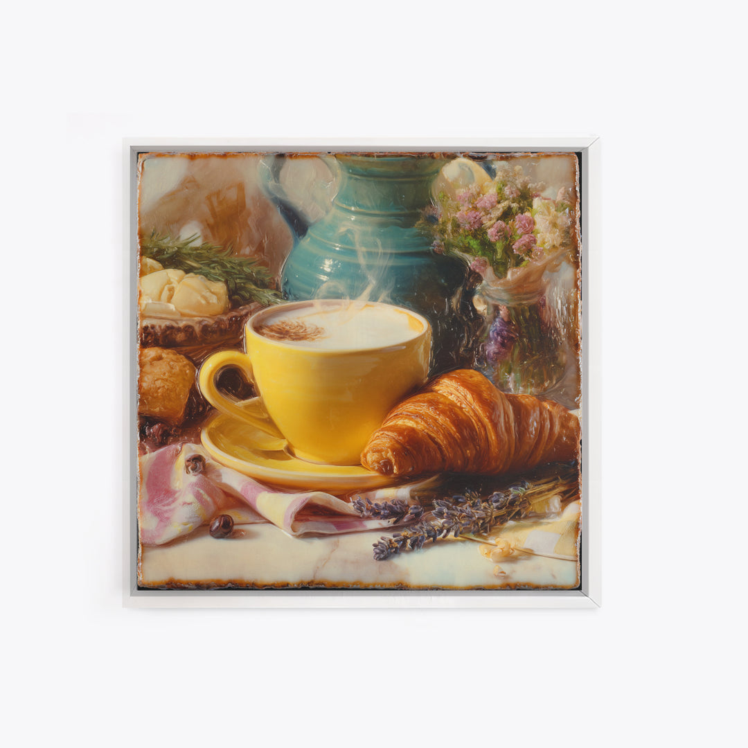 Croissant and Cappuccino on Striped Cloth Framed Canvas Print, Coffee Shop Art, Textured Painting, Cafe Decor, Fine Art, Cafe, CSA-1x1-53