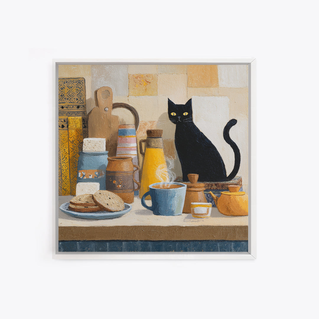 Black Cat Beside a Steaming Cup Framed Canvas Print, Coffee Shop Art, Gallery Decor, Cafe Decor, Fine Art, Cafe, Wall Art, CSA-1x1-62