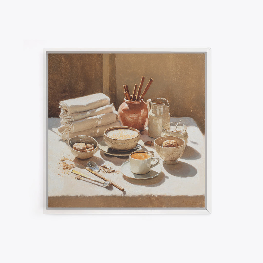 Cinnamon Sticks and Cappuccino Foam Still Life Framed Canvas Print, Coffee Shop Art, Minimalist Wall Art, Cafe Decor, CSA-1x1-72