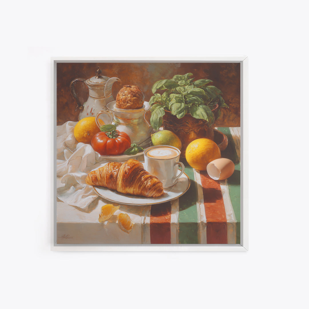 Croissant and Cappuccino on Striped Cloth Canvas Print, Coffee Shop Art, Wall Decor, Cafe Decor, Fine Art, Cafe, Kitchen Gift, CSA-1x1-77