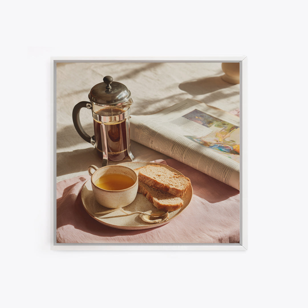 French Press and Morning Newspaper Without Readable Canvas Print, Coffee Shop Art, Boho Decor, Cafe Decor, Oil Painting, Cafe, CSA-1x1-82