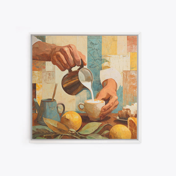 Barista Hands Pouring Milk into Espresso Framed Canvas Print, Coffee Shop Art, Wall Art, Cafe Decor, Oil Painting, Cafe, CSA-1x1-93