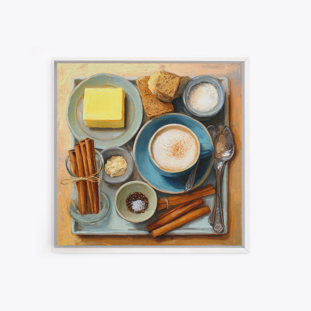 Cinnamon Sticks and Cappuccino Foam Still Life Framed Canvas Print, Coffee Shop Art, Printable Wall Art, Cafe Decor, Cafe, CSA-1x1-96