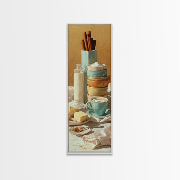 Cinnamon Sticks and Cappuccino Foam Still Life Canvas Print, Coffee Shop Art, Wall Art, Cafe Decor, Oil Painting, Cafe, CSA-1x3-12