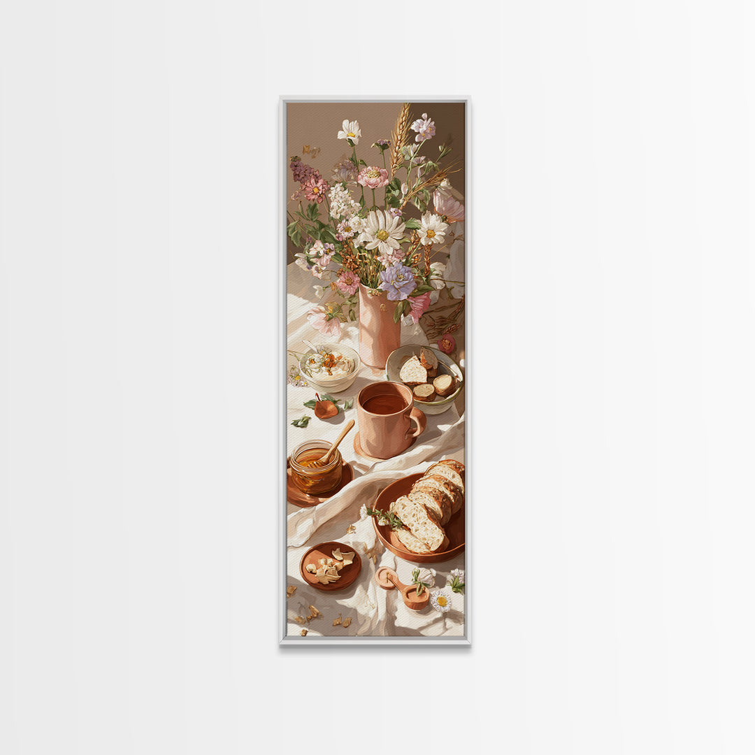 Ceramic Mug with Wildflowers Around It Framed Canvas Print, Coffee Shop Art, Minimalist Decor, Cafe Decor, Oil Painting, Cafe, CSA-1x3-4