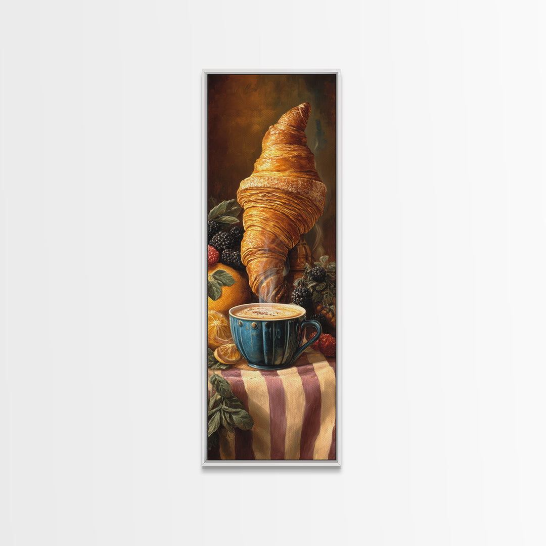 Croissant and Cappuccino on Striped Cloth Canvas Print, Coffee Shop Art, Moody Wall Art, Cafe Decor, Cafe, Luxury Decor, CSA-1x3-41