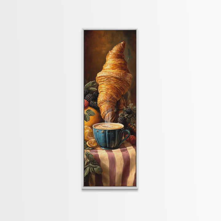 Croissant and Cappuccino on Striped Cloth Canvas Print, Coffee Shop Art, Moody Wall Art, Cafe Decor, Cafe, Luxury Decor, CSA-1x3-41