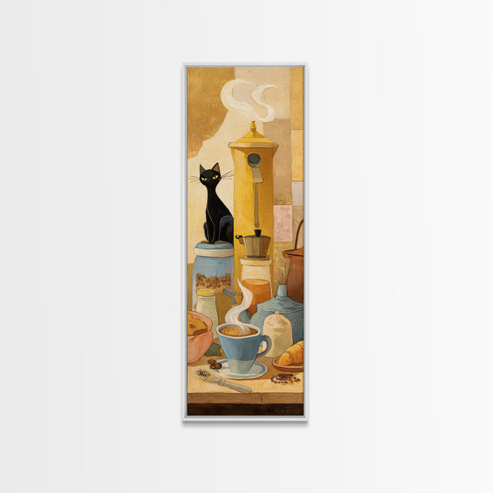 Black Cat Beside a Steaming Cup Framed Canvas Print, Coffee Shop Art, Fine Art Print, Cafe Decor, Fine Art, Cafe, Printable, CSA-1x3-50