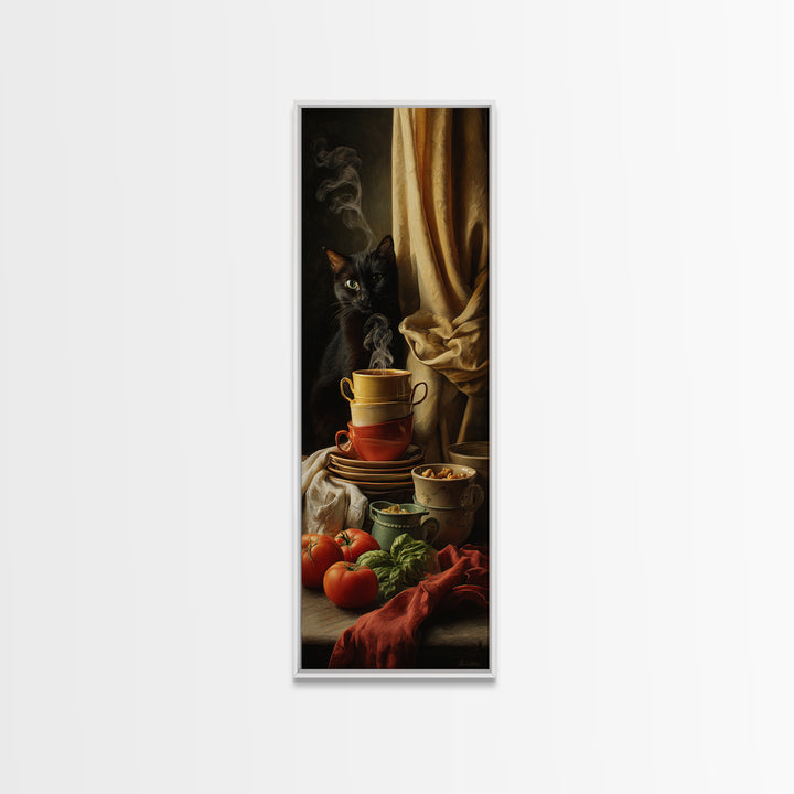 Black Cat Beside a Steaming Cup Framed Canvas Print, Coffee Shop Art, Fine Art Print, Cafe Decor, Fine Art, Cafe, Printable, CSA-1x3-74