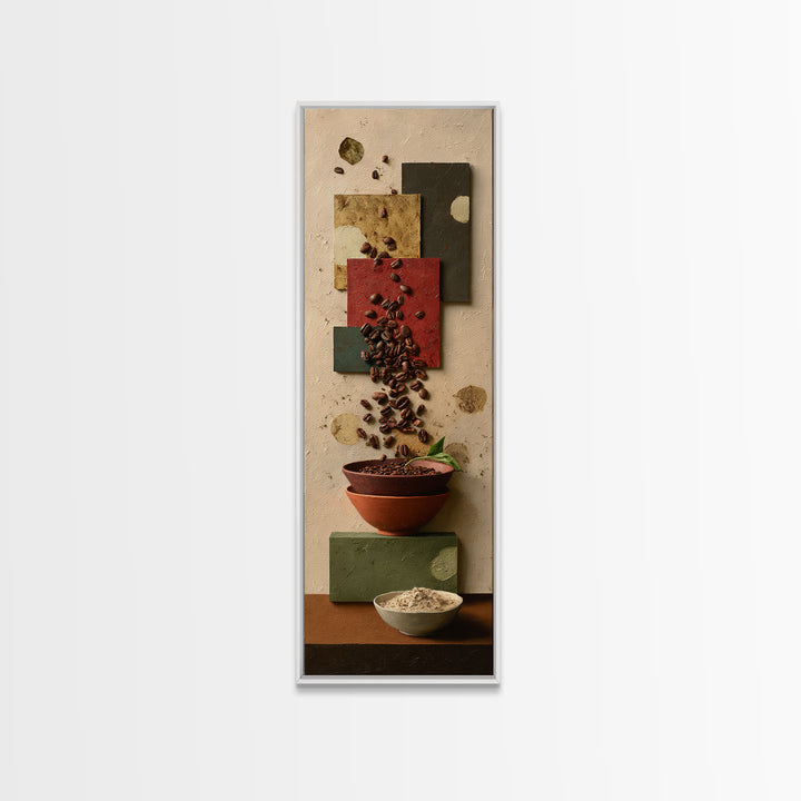 Roasted Beans Falling Through Dark Space Framed Canvas Print, Coffee Shop Art, Contemporary Art, Cafe Decor, Fine Art, Cafe, CSA-1x3-8
