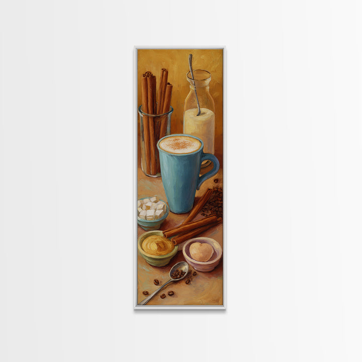 Cinnamon Sticks and Cappuccino Foam Still Life Framed Canvas Print, Coffee Shop Art, Dopamine Decor, Cafe Decor, Fine Art, Cafe, CSA-1x3-84