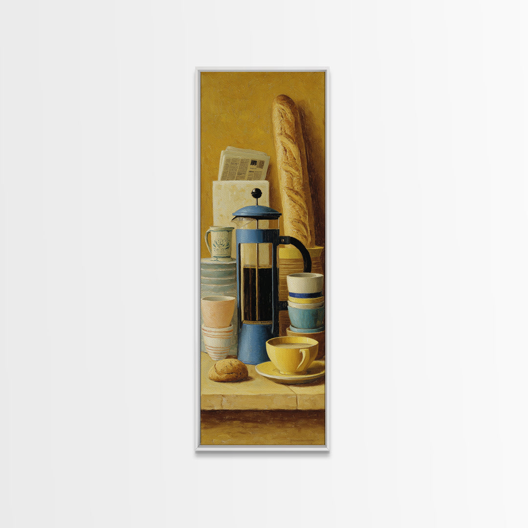 French Press and Morning Newspaper Without Readable Canvas Print, Coffee Shop Art, Room Decor, Cafe Decor, Fine Art, Cafe, CSA-1x3-94