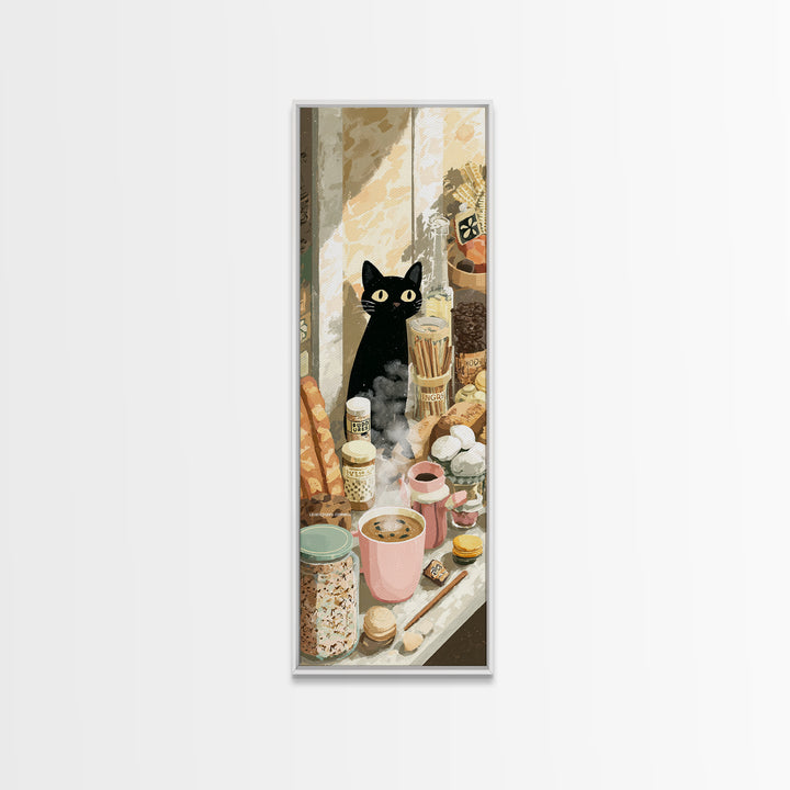 Black Cat Beside a Steaming Cup Canvas Print, Coffee Shop Art, Textured Painting, Cafe Decor, Fine Art, Cafe, Kitchen Decor, CSA-1x3-98