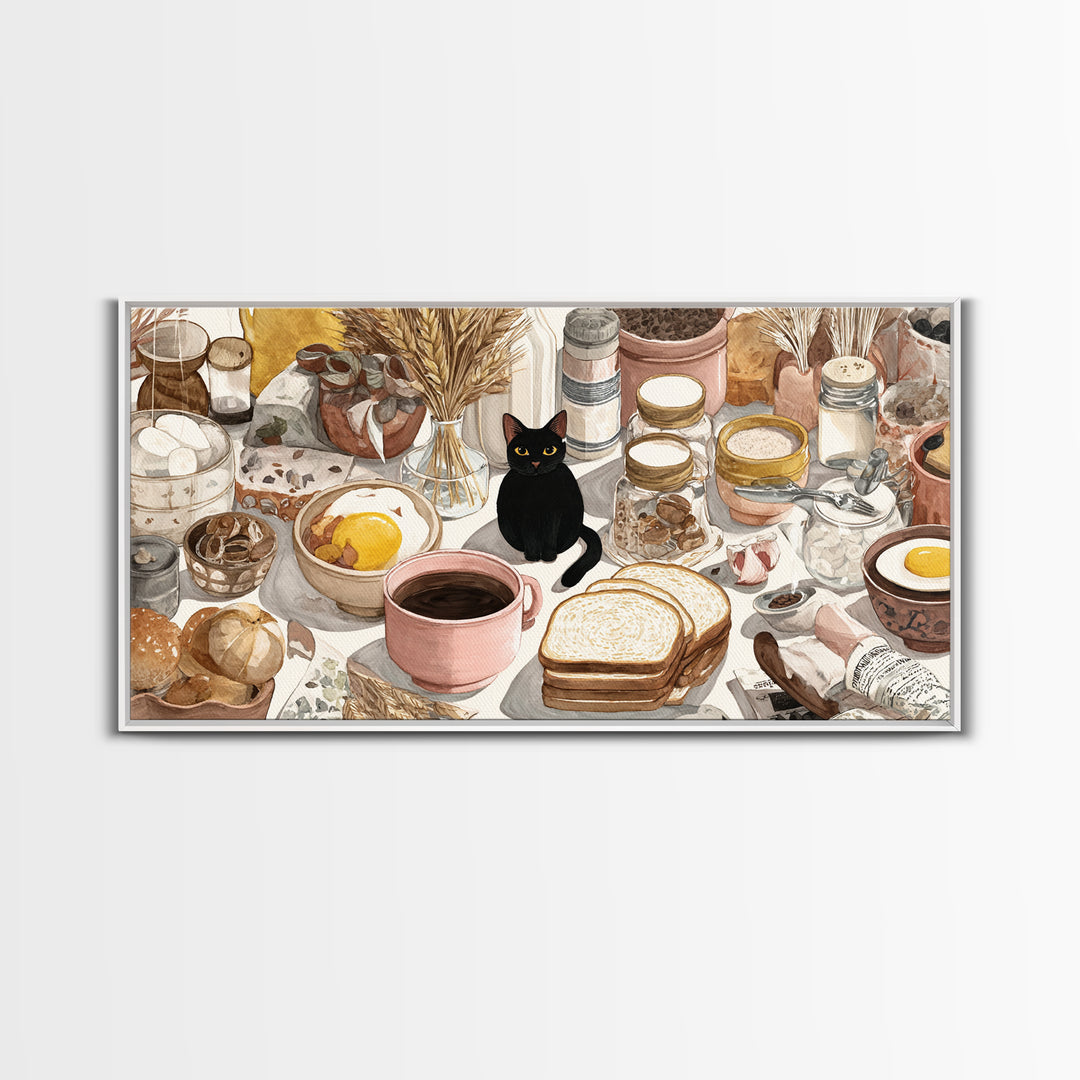 Black Cat Beside a Steaming Cup Framed Canvas Print, Coffee Shop Art, Contemporary Art, Cafe Decor, Cafe, Printable Art, CSA-2x1-10