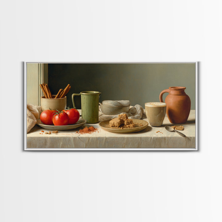 Cinnamon Sticks and Cappuccino Foam Still Life Framed Canvas Print, Coffee Shop Art, Statement Artwork, Cafe Decor, Cafe, CSA-2x1-20