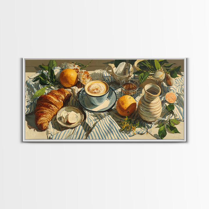 Croissant and Cappuccino on Striped Cloth Framed Canvas Print, Coffee Shop Art, Canvas Wall Art, Cafe Decor, Fine Art, Cafe, CSA-2x1-25
