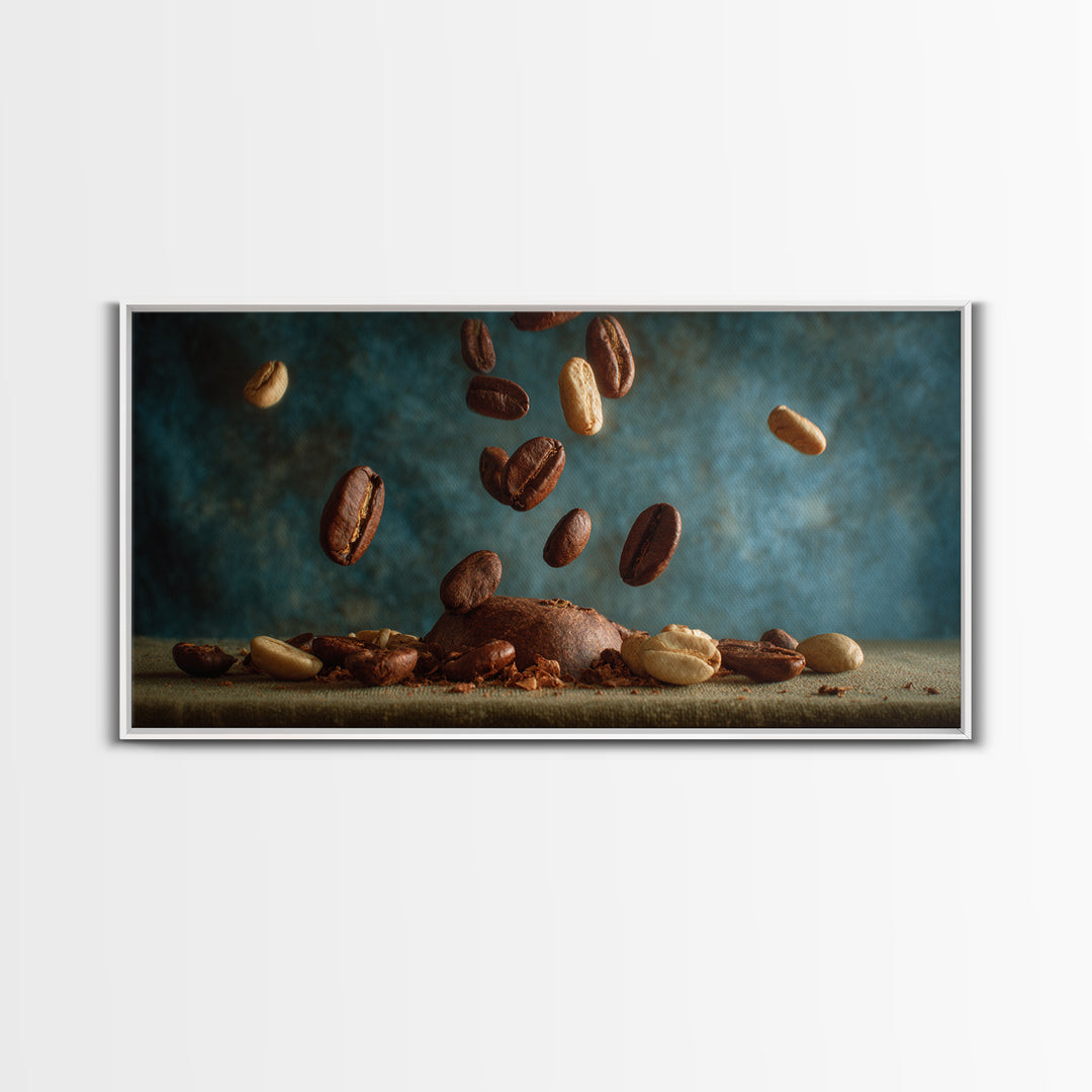 Roasted Beans Falling Through Dark Space Framed Canvas Print, Coffee Shop Art, Wall Decor, Cafe Decor, Fine Art, Cafe, CSA-2x1-40