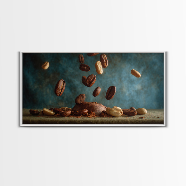 Roasted Beans Falling Through Dark Space Framed Canvas Print, Coffee Shop Art, Wall Decor, Cafe Decor, Fine Art, Cafe, CSA-2x1-40