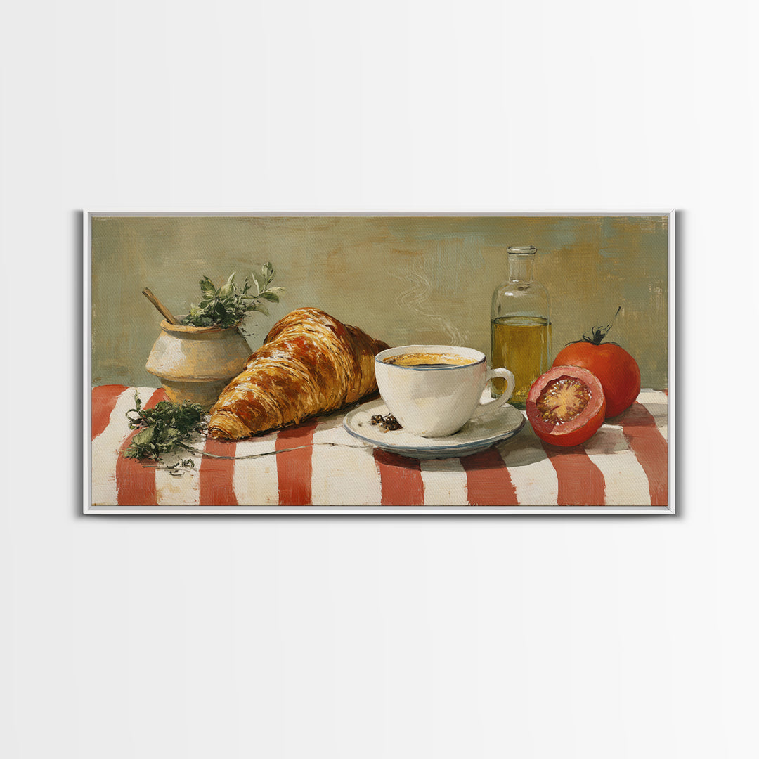 Croissant and Cappuccino on Striped Cloth Canvas Print, Coffee Shop Art, Kitchen Art, Cafe Decor, Cafe, Minimalist Wall Art, CSA-2x1-49
