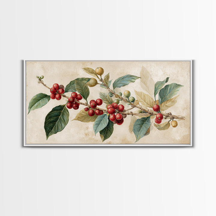 Botanical Coffee Plant Branch Framed Canvas Print, Coffee Shop Art, Coffee, Cafe Decor, Oil Painting, Cafe, Living Room Decor, CSA-2x1-50