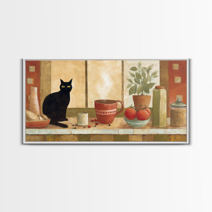 Black Cat Beside a Steaming Cup Canvas Print, Coffee Shop Art, Printable, Cafe Decor, Fine Art, Cafe, Dopamine Decor, CSA-2x1-58