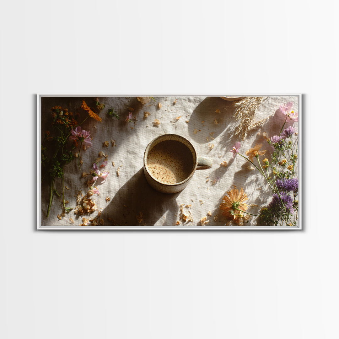 Ceramic Mug with Wildflowers Around It Framed Canvas Print, Coffee Shop Art, Digital Wall Art, Cafe Decor, Fine Art, Cafe, CSA-2x1-60